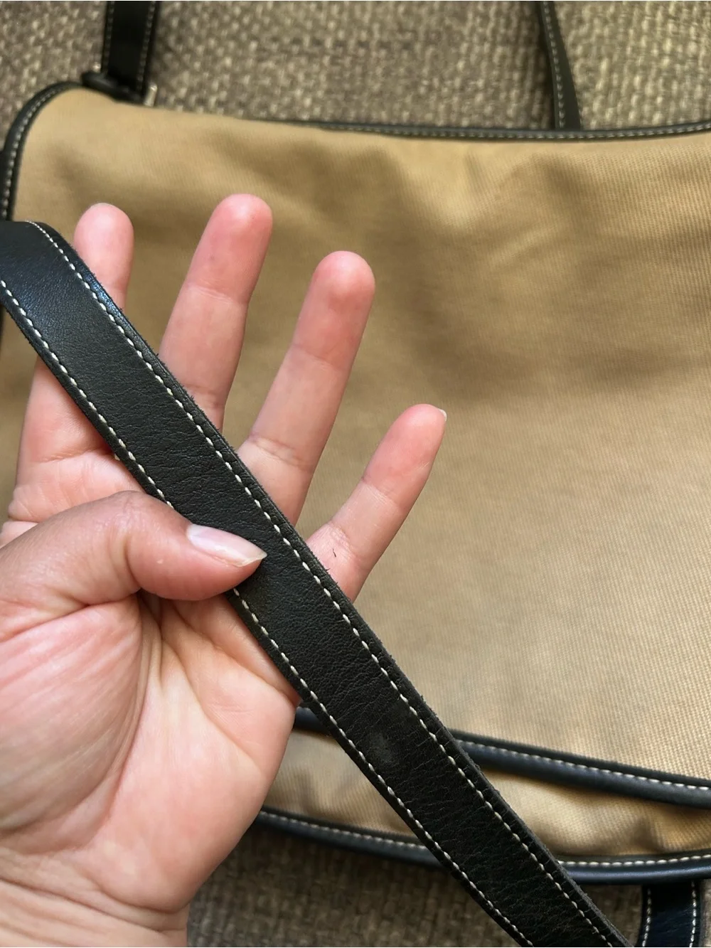 Canvas and Leather Trim Shoulder Bag - Beige
